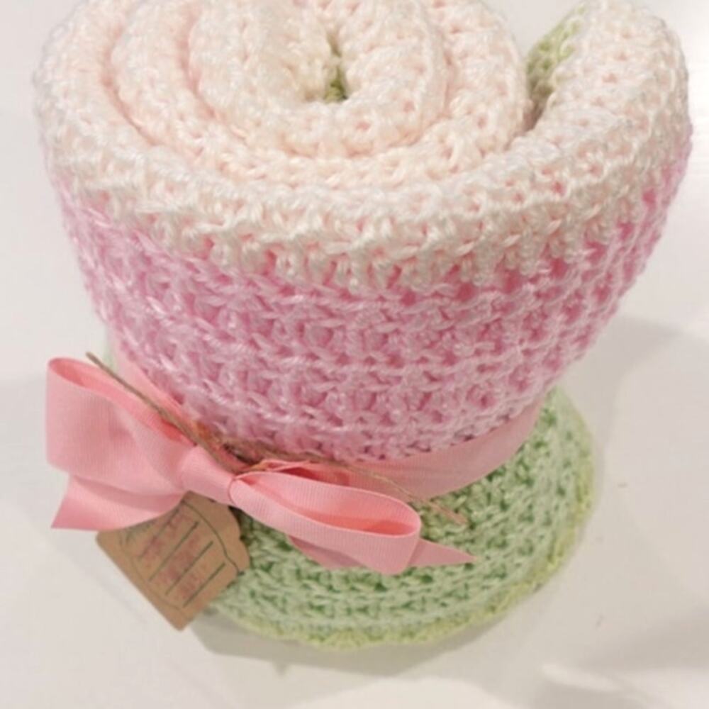 Pink Dawn PINK/SAGE/CREAM Crochet Baby Afghan Blanket, Soft Silky Yarn